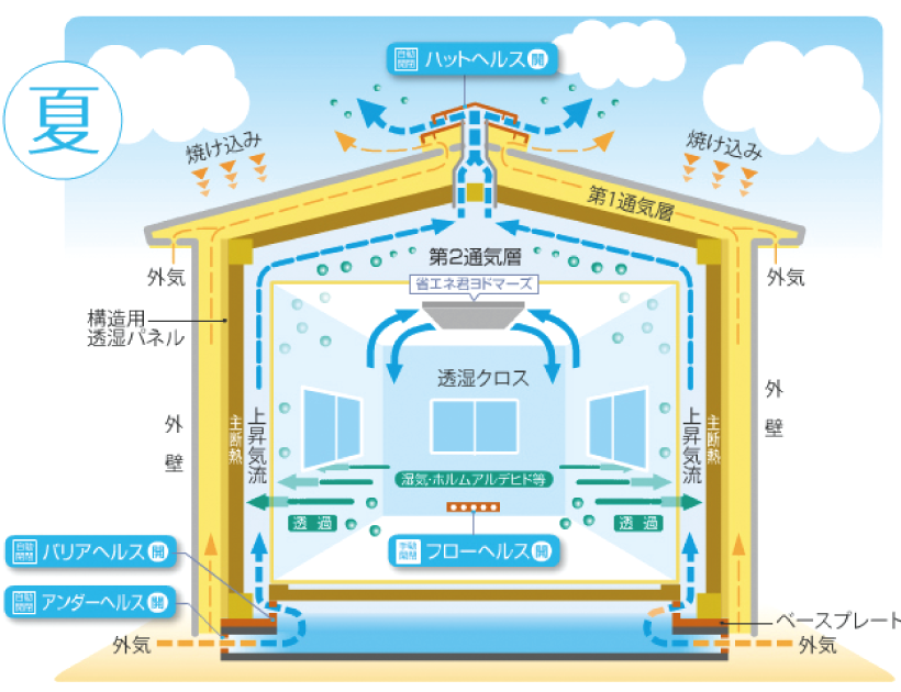 日本建築文化を継承した夏涼しく冬暖かい通気と断熱を両立する工法です 詳しくは、通気断熱WB工法紹介ページにて 夏のイメージ