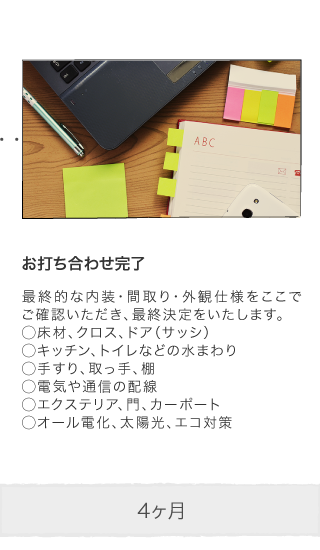 お打ち合わせ完了 最終的な内装・間取り・外観仕様をここでご確認いただき、最終決定をいたします。◯床材、クロス、ドア（サッシ）◯キッチン、トイレなどの水まわり◯手すり、取っ手、棚◯電気や通信の配線◯エクステリア、門、カーポート◯オール電化、太陽光、エコ対策