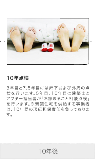 10年点検 3年目と7.5年目には床下および外周の点検を行います。5年目、10年目は建築士とアフター担当者が「お家まるごと相談点検」を行います。※新築住宅を供給する事業者は、10年間の瑕疵担保責任を負っております。