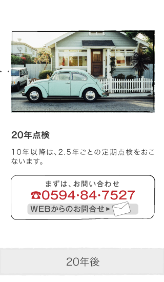 20年点検 10年以降は、2.5年ごとの定期点検をおこないます。まずは、お問い合わせ 0594・84・7527 WEBからのお問合せ