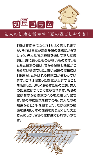 知得コラム 先人の知恵を活かす「夏の過ごしやすさ」 「家は夏向きにつくれ」とよく言われますが、それは日本が高温多湿の機構だからでしょう。先人たちが経験を通して学んだ教訓は、理に適ったものが多いものです。もともと日本の家は、昔から湿気と熱気がこもらない構造でした。古い民家の屋根には「腰屋根」と呼ばれる通気口が備わっています。これは温まった空気が上昇することを活用した、涼しく暮らすための工夫。先人の知恵にはつくづく驚かされます。WBの家は昔ながらの家づくりを応用した家です。壁の中に空気を通すのも、先人たちの知恵からヒントを得ました。だから家の構造を熟知し、木の性質を知り尽くした大工さんにしか、WBの家は建てられないのです。